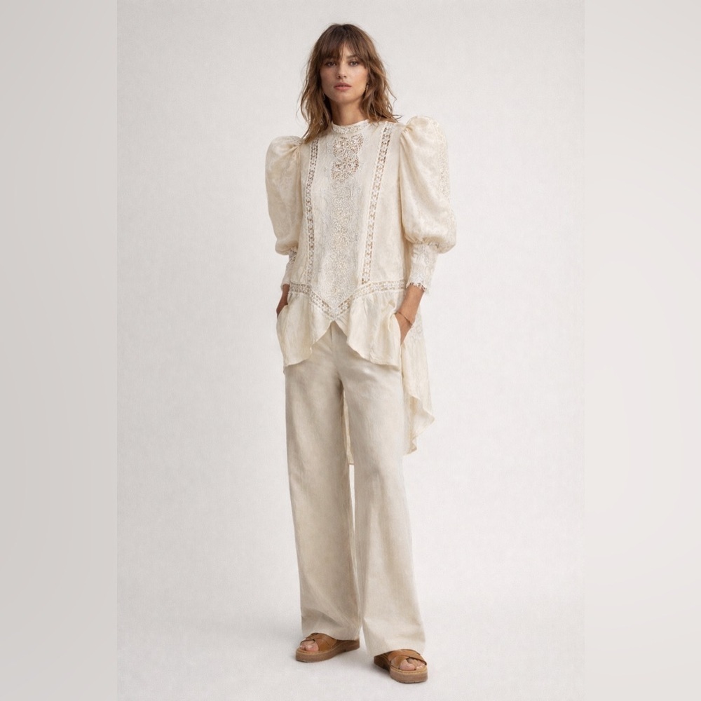 Jessica McClintock Cream Lace High-Low Peasant Blouse with Puff Sleeves